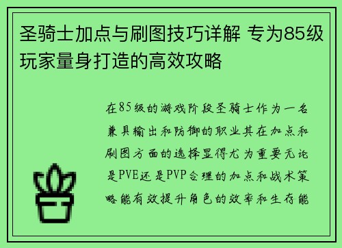 圣骑士加点与刷图技巧详解 专为85级玩家量身打造的高效攻略